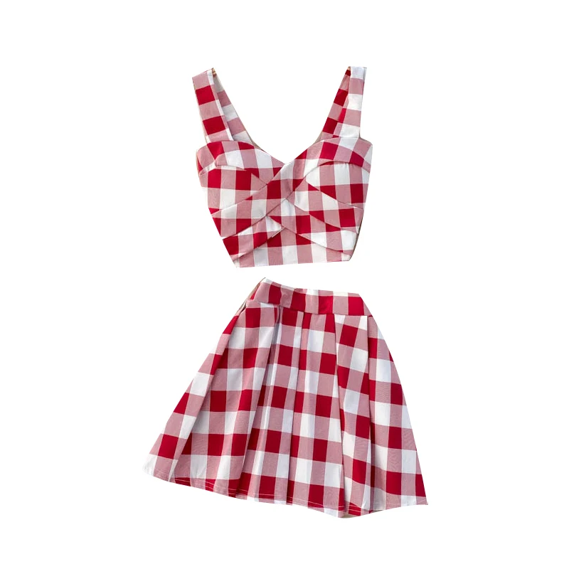 

Ladies Summer Plaid Suit V-neck Off-shoulder Zipper Blouse + High-waist A-line Mini Skirt Two-piece Suit