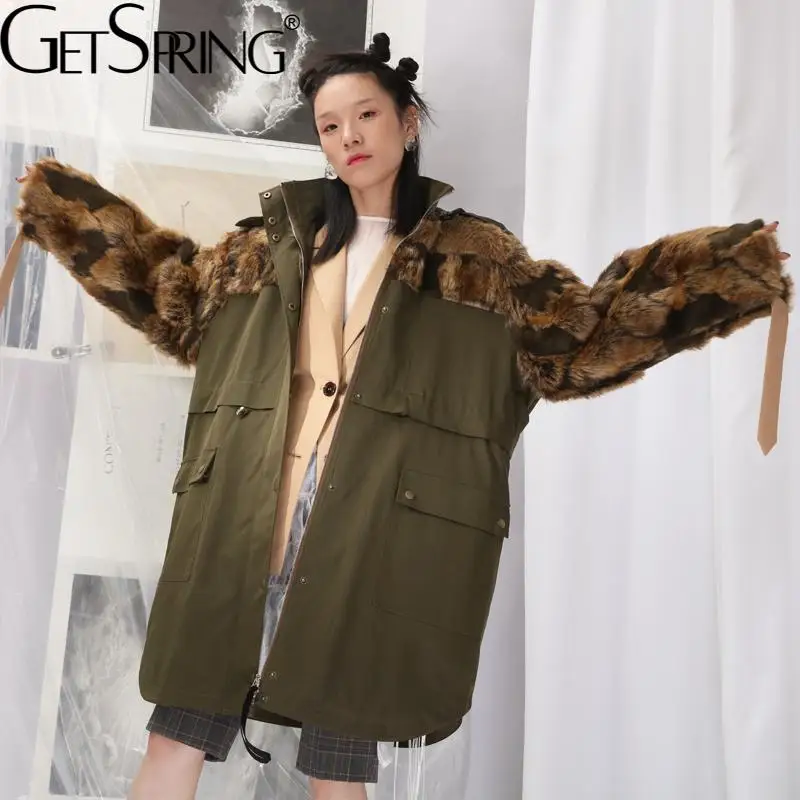 

Getspring Women Parkas Fake Hair Patchwork Drawstring Womens Winter Jackets And Coats Color Matching Vintage Long Overcoat 2021