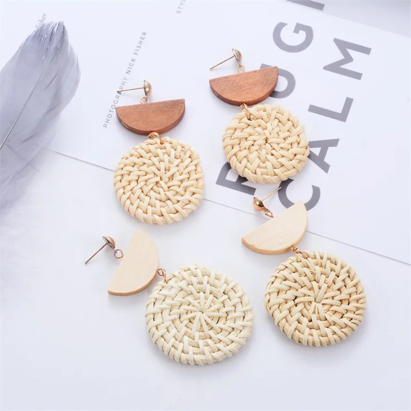 Европа и Америка преувеличенные геометрические плетеные серьги из ротанга