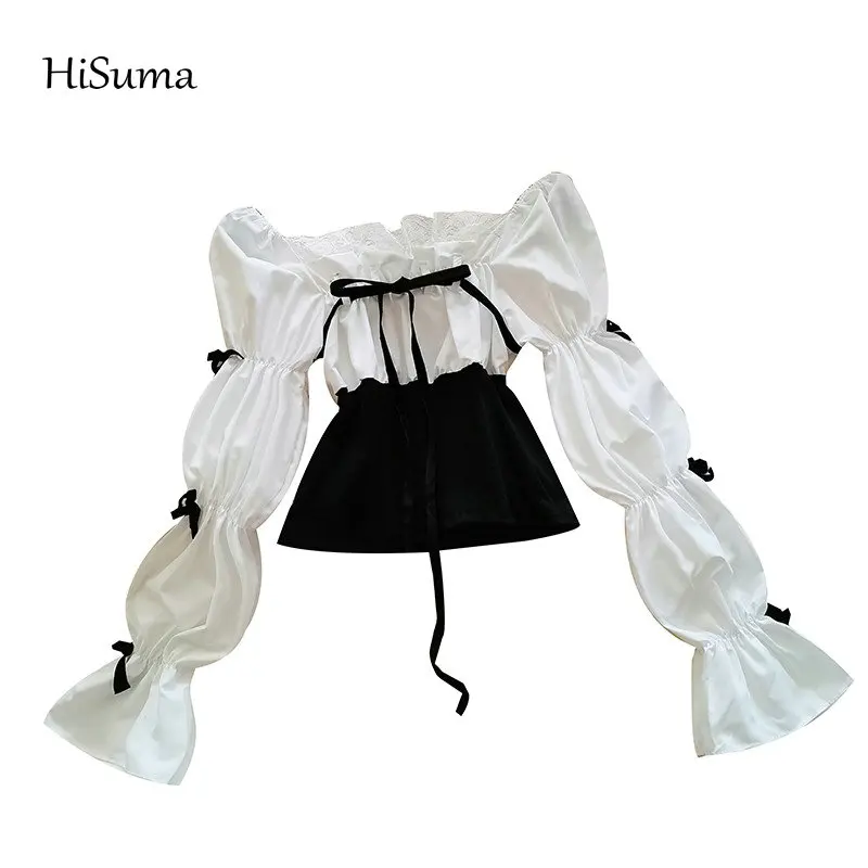 

2020 autumn new female slash neck lantern sleeve slim lace cotton with knitted shirt women's solid lace-up blouse women shirts