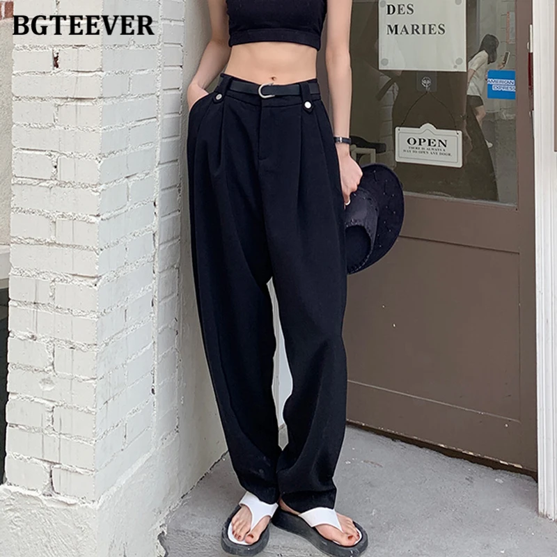 

BGTEEVER Casual High Waist Pockets Women Pants 2021 Summer Straight Loose Female Pants Chic Solid Female Trousers