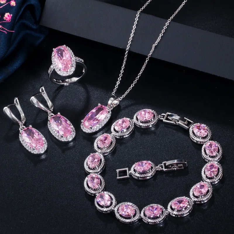 

Trendy Silver 925 Jewelry Set Wedding Gift Wholesale Pink Zircon Gemstone Neckalce/Earrings/Ring/Bracelet Set for Women