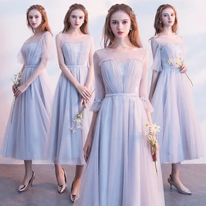 Bridesmaids Dresses Illusion Luxury Blue Lace Tulle Pleat Ankle-Length A-Line Sleeveless Embroidery Lady Wedding Party Gown E096 Bridesmaids Dresses Illusion Luxury Blue Lace Tulle Pleat Ankle-Length A-Line Sleeveless Embroidery Lady Wedding Party Gown E096