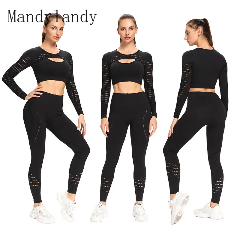 

Костюм для йоги Mandylandy, женские бесшовные леггинсы с высокой талией, укороченный топ, спортивные костюмы, плотная дышащая спортивная одежда, ...