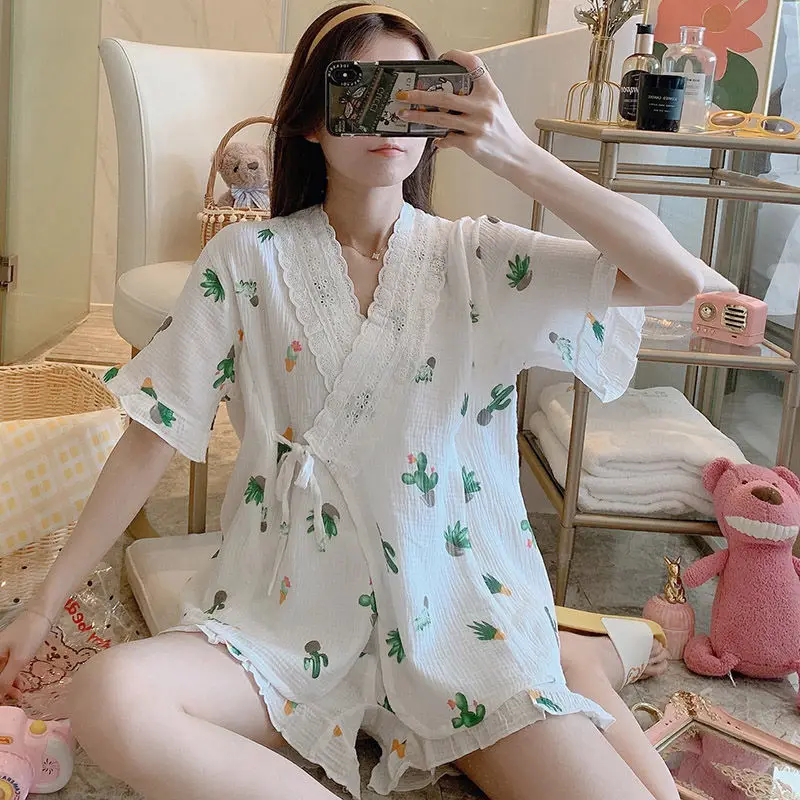 Spring and Summer Ladies Pajamas 2021 New Japanese Short-sleeved Cotton Gauze Thin Section Kimono Home Wear Set