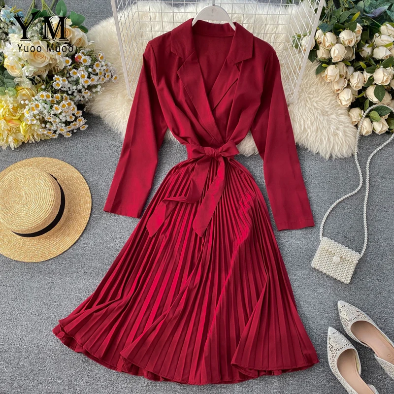 Элегантное осеннее женское платье YuooMuoo с отложным воротником и длинным рукавом