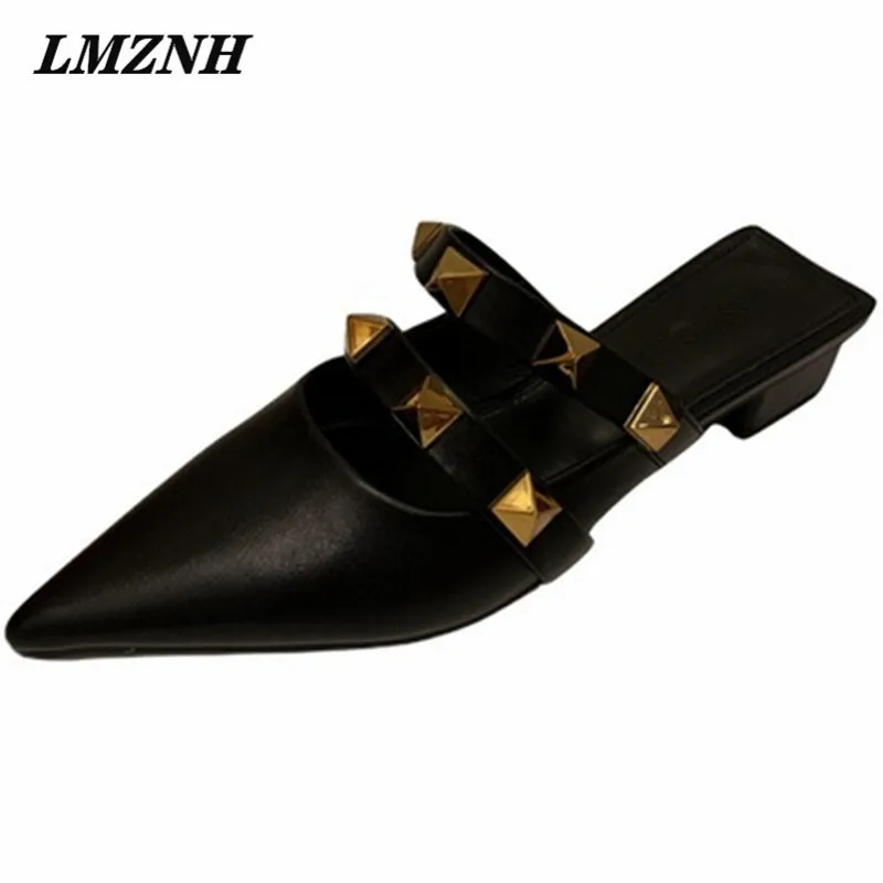 

LMZNH Summer High-Quality Brand Women Sandals Pointed Toe Rivet Slip-On Mules Female Slides Fashion Outdoor Casual Women Shoes