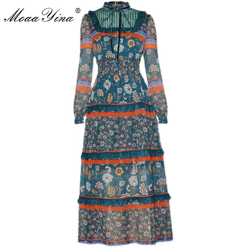 

MoaaYina Fashion Designer dress Spring Women's Dress Long sleeve Lace Mesh Lurex Elastic waist Vintage Floral Print Dresses