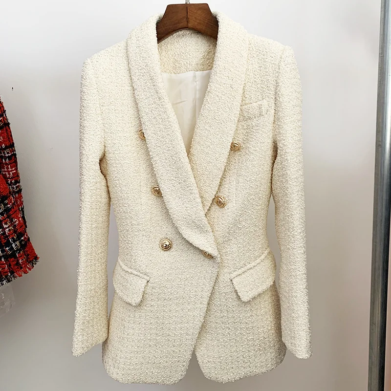 

HIGH QUALITY Newest Fall Winter 2021 Designer Blazer Women's Double Breasted Lion Buttons Shawl Collar Thick Tweed Jacket