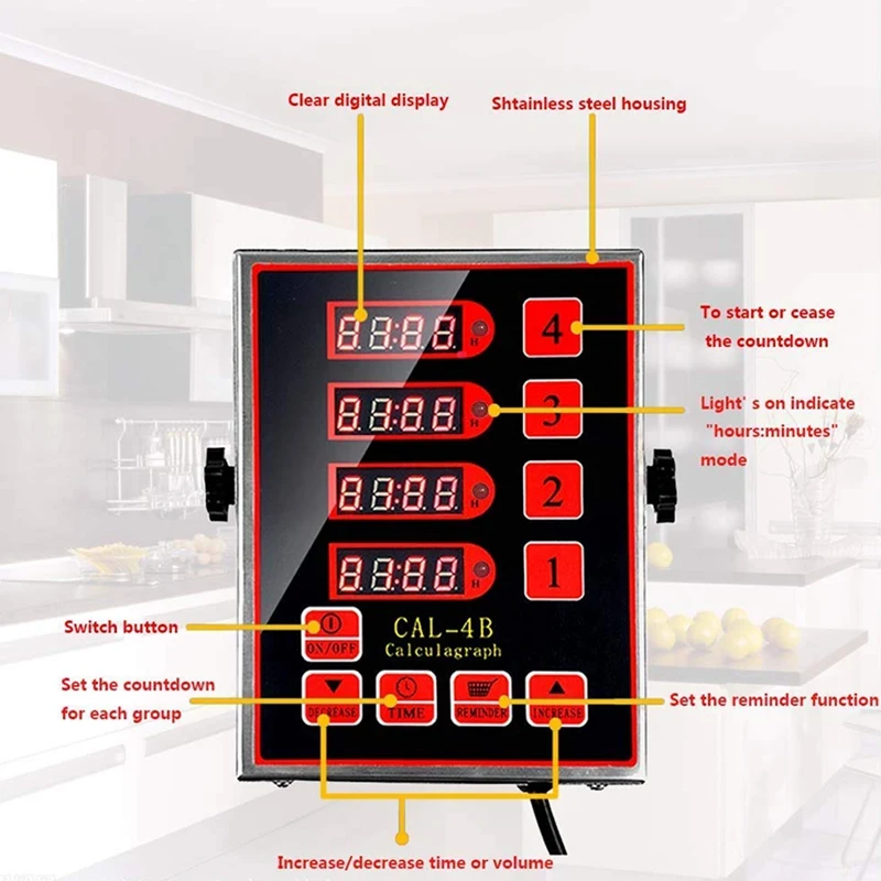 US Plug Commercial 4 Channel Kitchen Timer Restaurant Loud Alarm Adjustable Cooking Reminder Stainless Steel Clear LED Di | Инструменты