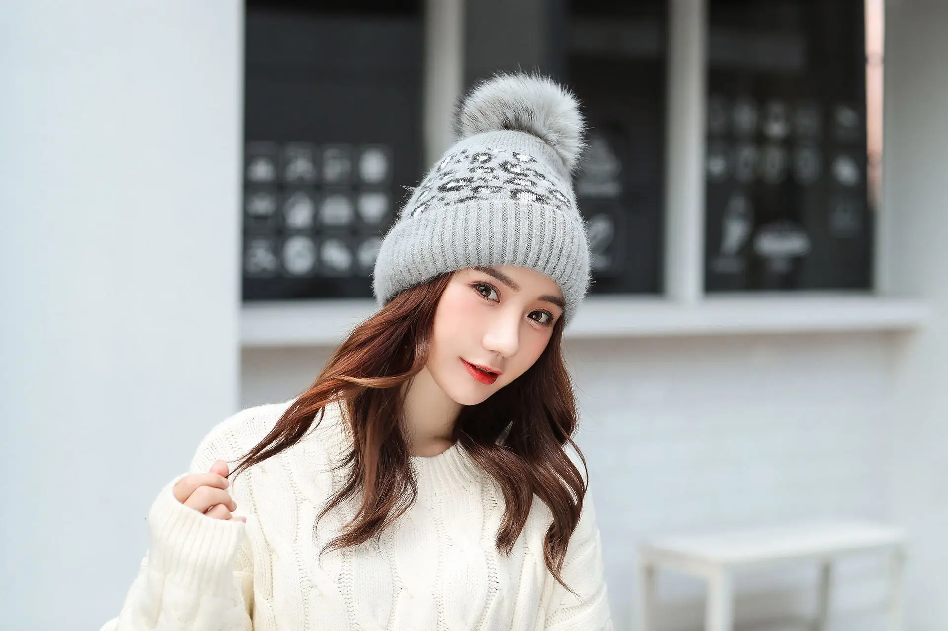 Women Beanies Pom Poms Rabbit Hat Beanie Knitted Skullies Fashion Caps Ladies Knit Cap Winter Hats For Women