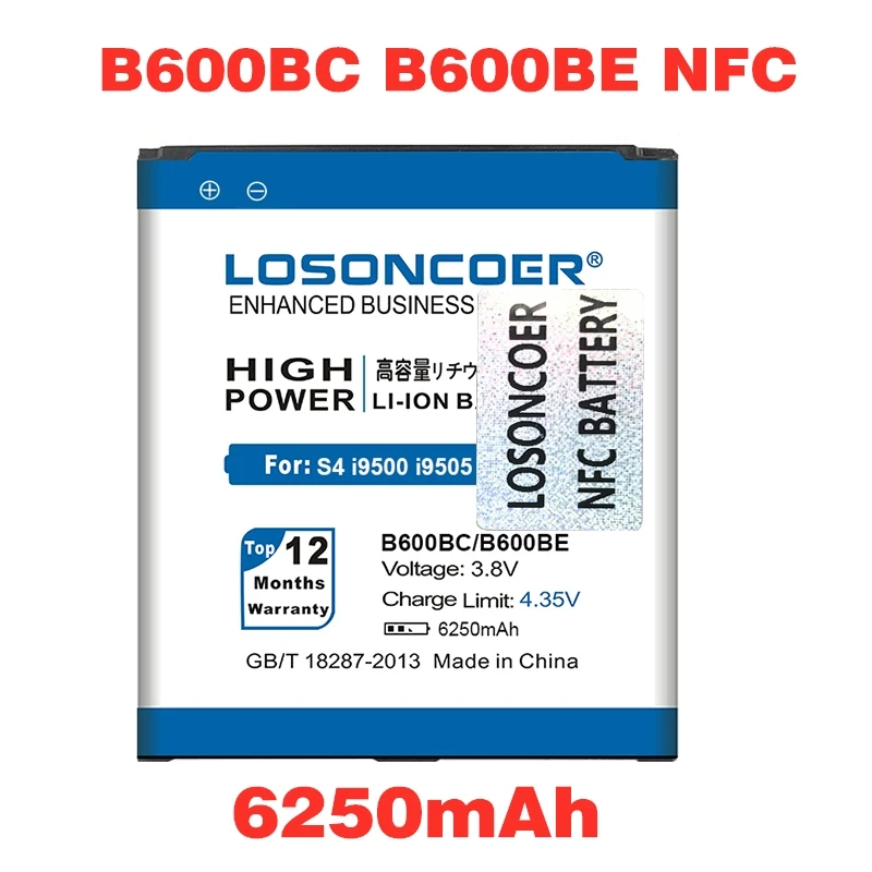 LOSONCOER 6250 мА/ч, B600BC NFC для samsung Galaxy S4 аккумулятор NFC I9500 I9505 I9502 I9515 I9508 I959 I545 I337 L720 B600BE