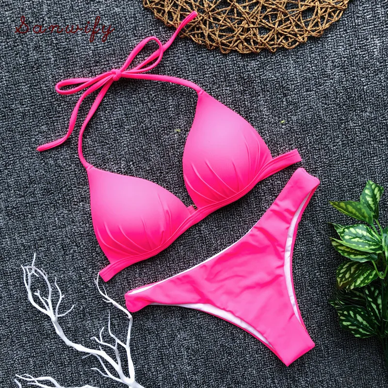 

2020 Sexy Bikini Push Up Swimsuit Swimwear Women Swimming For Halter Solid Bikinis Set Thong Bathing Suit