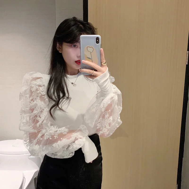 Vintage Puff Sleeve Lace Women Shirt Office Camisas Mujer Spring New Female Blouse Slim Stand Collar Woman Blouses Tops 12330 | Женская