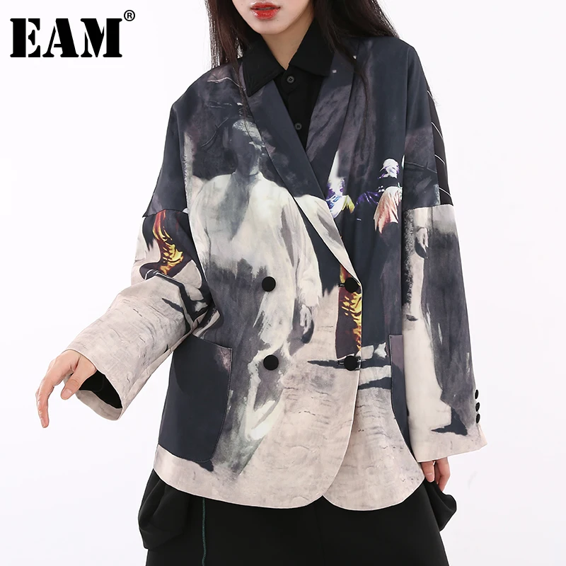 

[EAM] Women Printed Back Striped Black Big Size Blazer New Lapel Long Sleeve Loose Jacket Fashion Spring Autumn 2022 1W48601