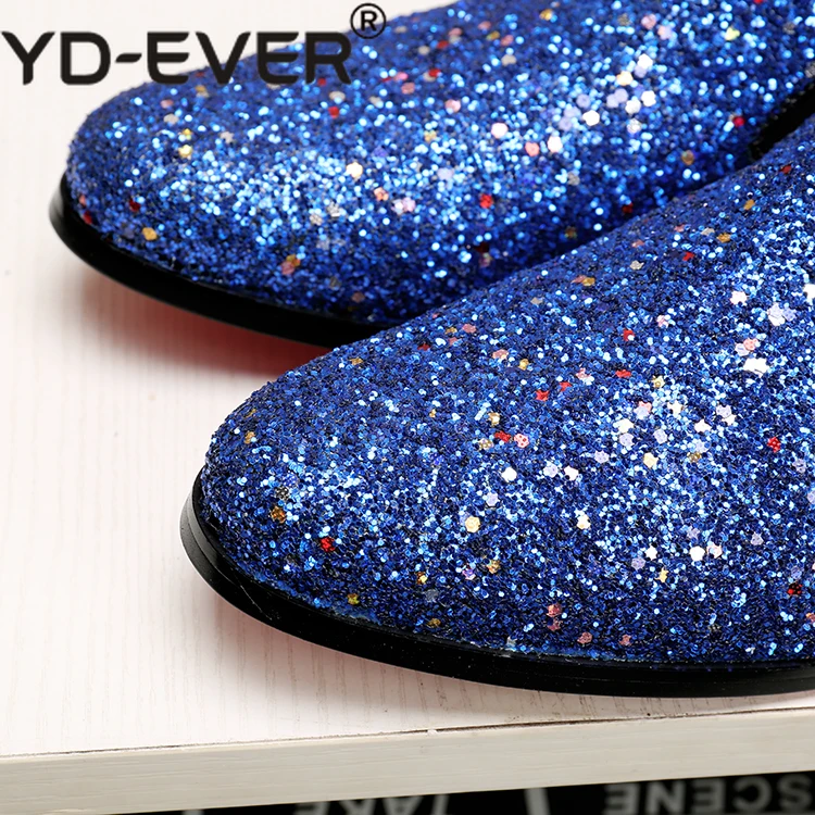 British blue hidden heel shoes for men solid slip-on dress wedding loafers causal velvet slippers glitter genuine leather brogue | Обувь