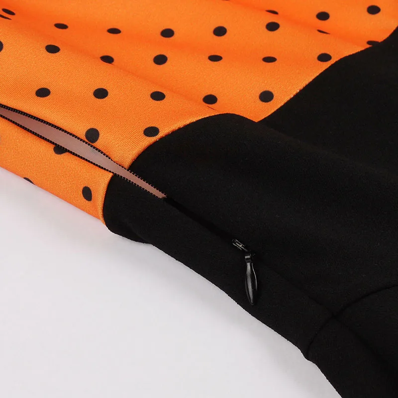 Женское винтажное платье в горошек черное/оранжевое трапециевидной формы стиле