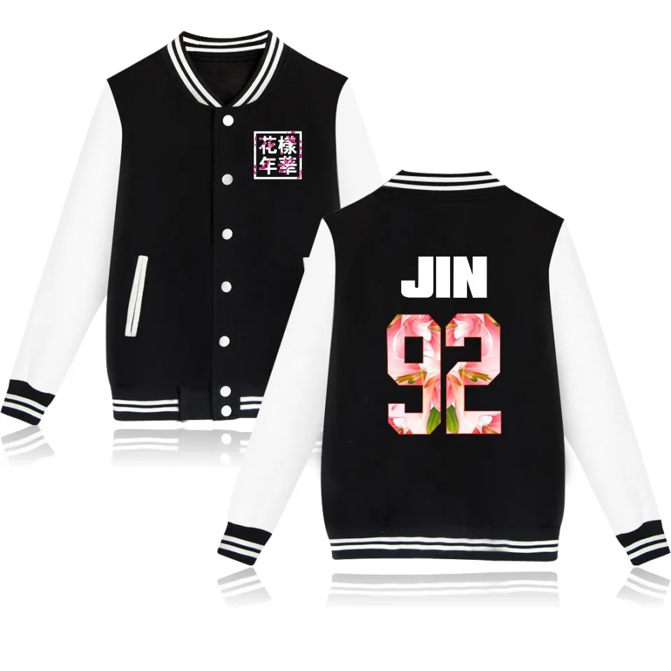 Black 92 JIN Kpop бейсбольная куртка для женщин Bangtan мальчиков альбом цветочный принт, буквы фанатов поддерживающий спортивный свитер Harajuku спортивные костюмы одежда - Цвет: Black 92 JIN