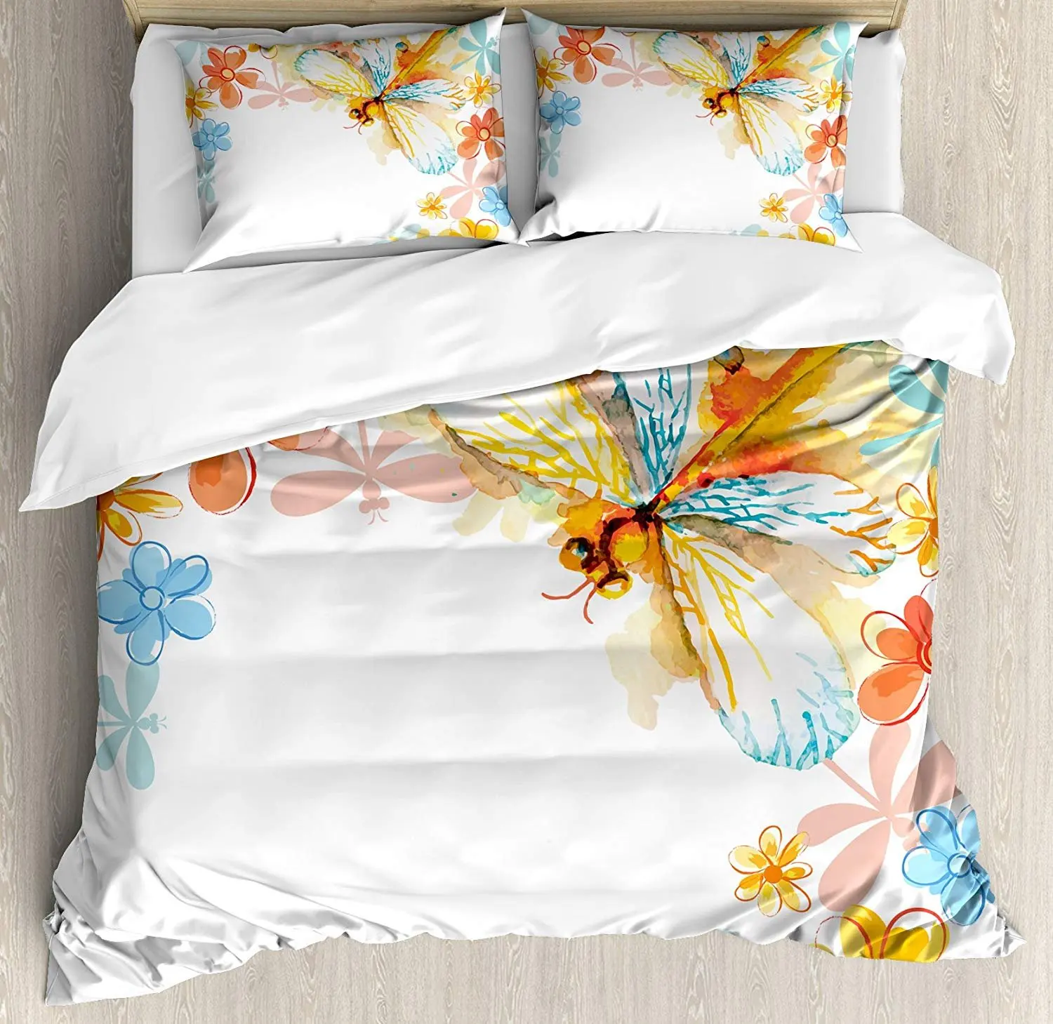

Dragonfly Bedding Set Abstract Grunge Vintage Design Moth with Spring Flowers Floral Frame Art Print Duvet Cover Pillowcase