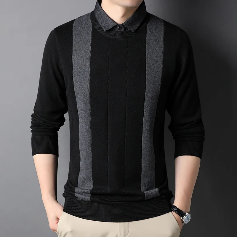 

High Quality Simple Fashion Striped Spliced Sweater Men Clothing 2021 Fake-2pieces Business Knitted Pullovers Black/Gray