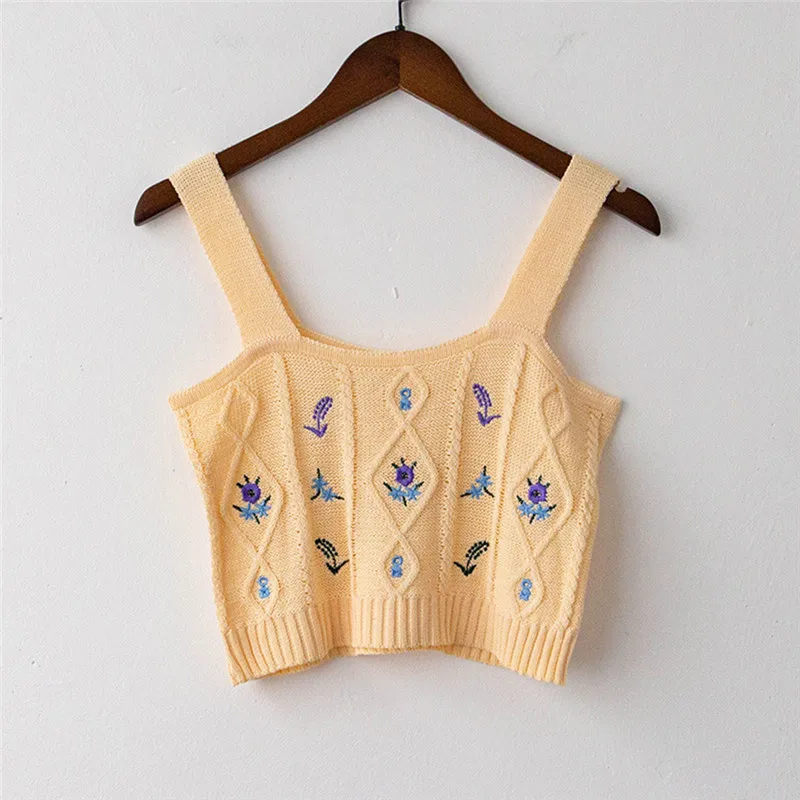 Pearl Diary Women Knitted Crop Camis Top Ladies Floral Embroidery Knitted Short Vest Summer Sweater Vintage Tank Crop Camis Top images - 6