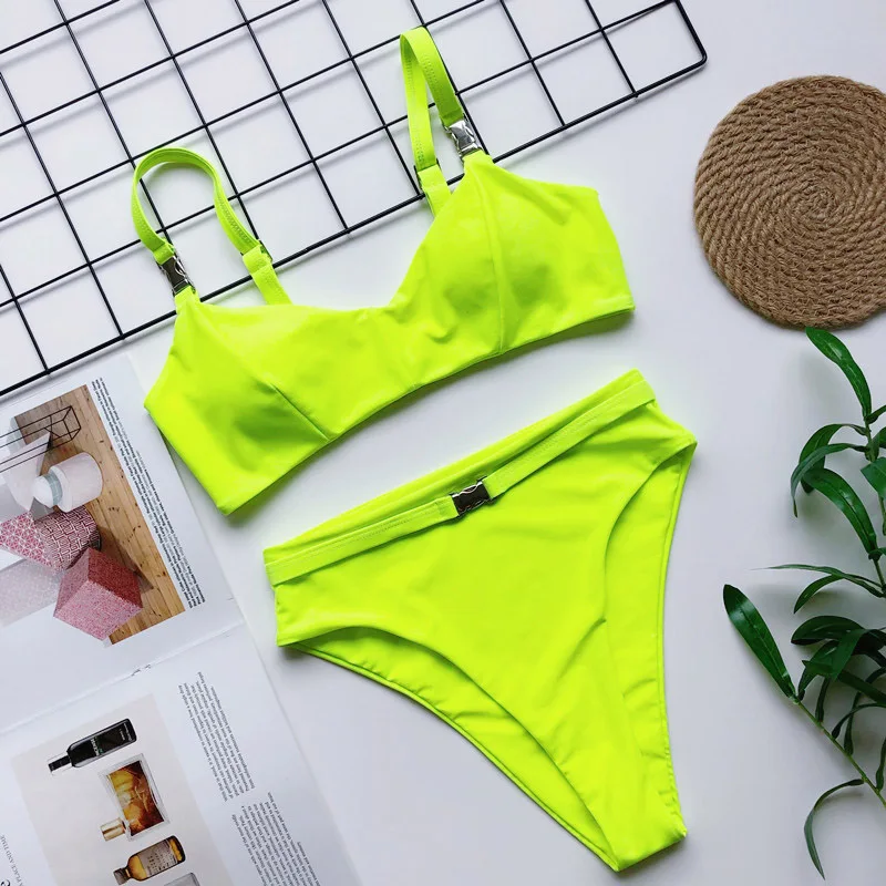 INGAGA High Waist Brazilian Bikinis Sexy Push Up Swimsuit Female Solid High Cut Swimwear Women Black Belted New Biquini