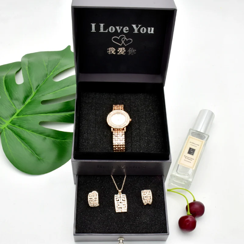 Женские модные роскошные часы колье серьги Подарочная коробка кварцевые женские