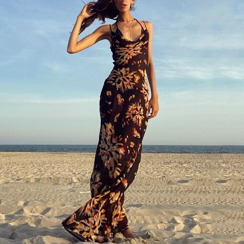 

Women's Long New Sexy Printed Dress Spaghetti Belt Beach Wear Casual Sexy Women's Super Long Skinny Street Dress Ladies Dress