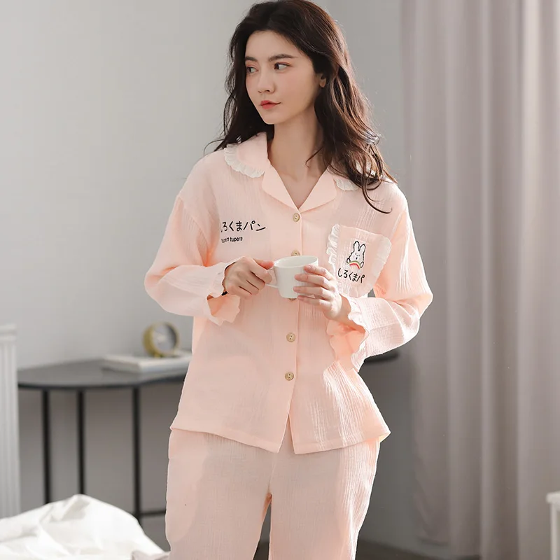 

Rainbow Rabbit Cotton Pajamas Women's Spring and Autumn Cardigan Sweet Cute Double-Layer Gauze Japanese Style Long Sleeve