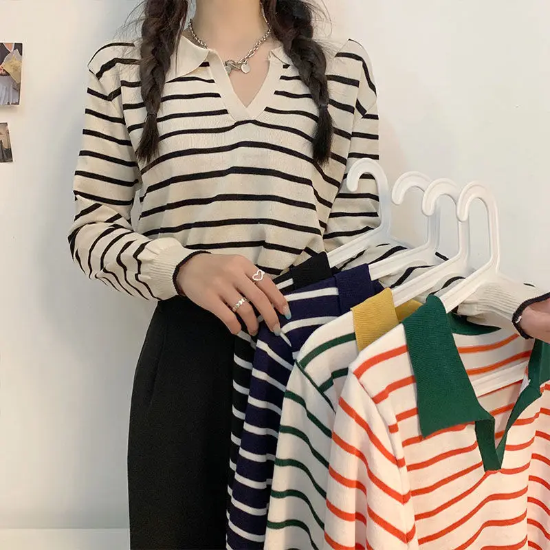 

Long Sleeved Short Women's Autumn And Winter 2021 Korean Version New Lapel Vintage Striped Sweater Bottomed Shirt Women
