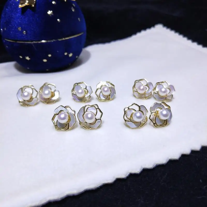 

seasheel Camellia earring 5-6mm round natural fresh water pearl s925 silver gilded earrings