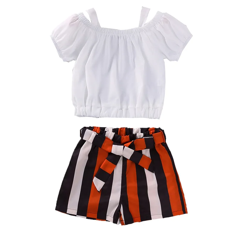 

European And American Girl Suit Sweet Summer 2021 Hot New Cute Suspender Short Sleeve Striped Shorts Two Piece Wholesale