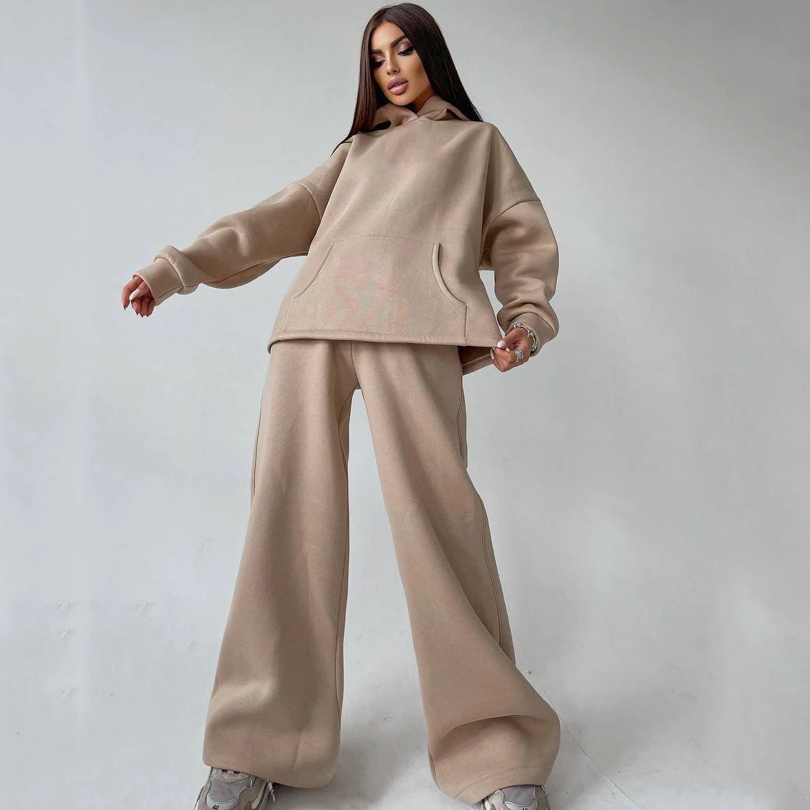 

Spring Autumn Women's New Fashion Casual Tracksuit Female Loose Solid Color Hoodie Pants Two-piece Set Lady Pullover Thick Tops