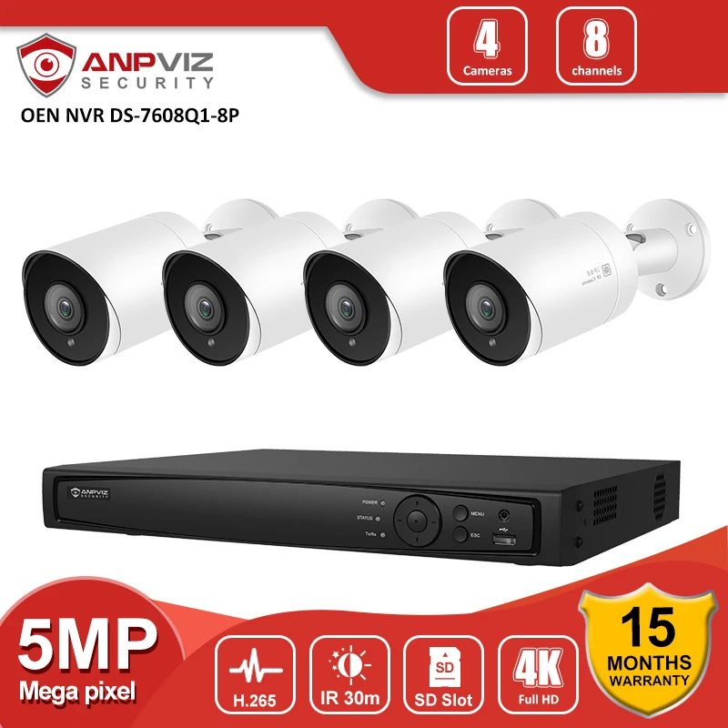 Anpviz Secutity CCTV Camera System Hikvision OEM 4K 8MP 8CH NVR 5MP Bullet POE IP Outdoor Audio H.265 + комплект