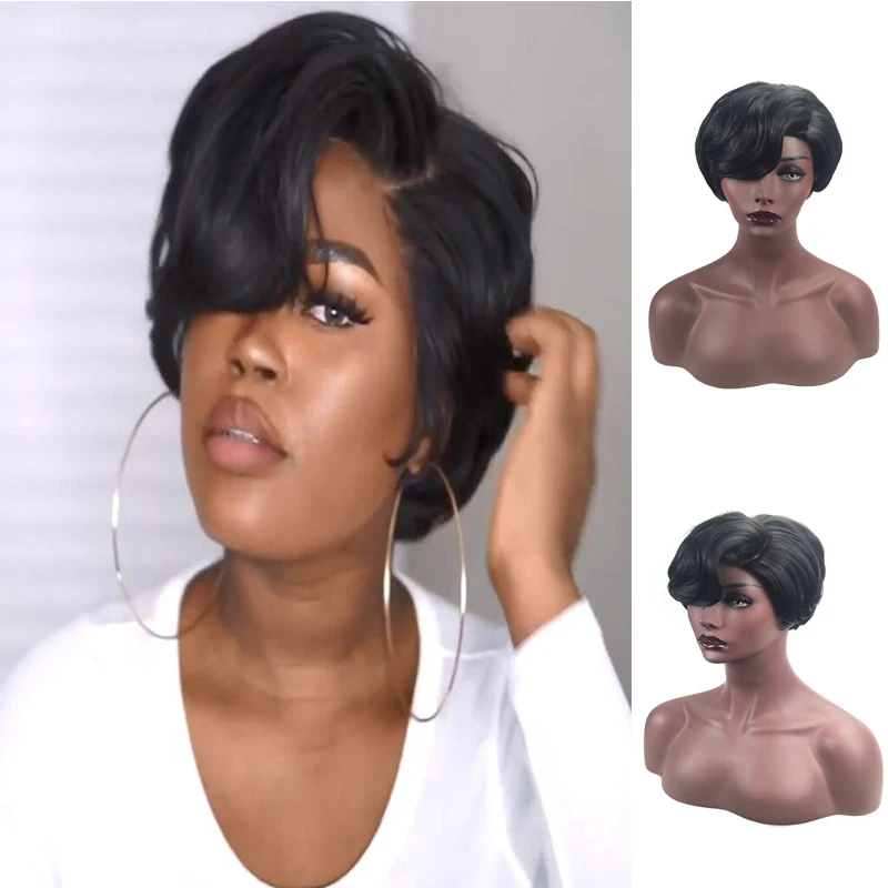 

Women Short Black Curly Wavy Wig Synthetic Wig With Side Part Bang Heat Resistant Fiber For Women Daily Party Use Nature Looking