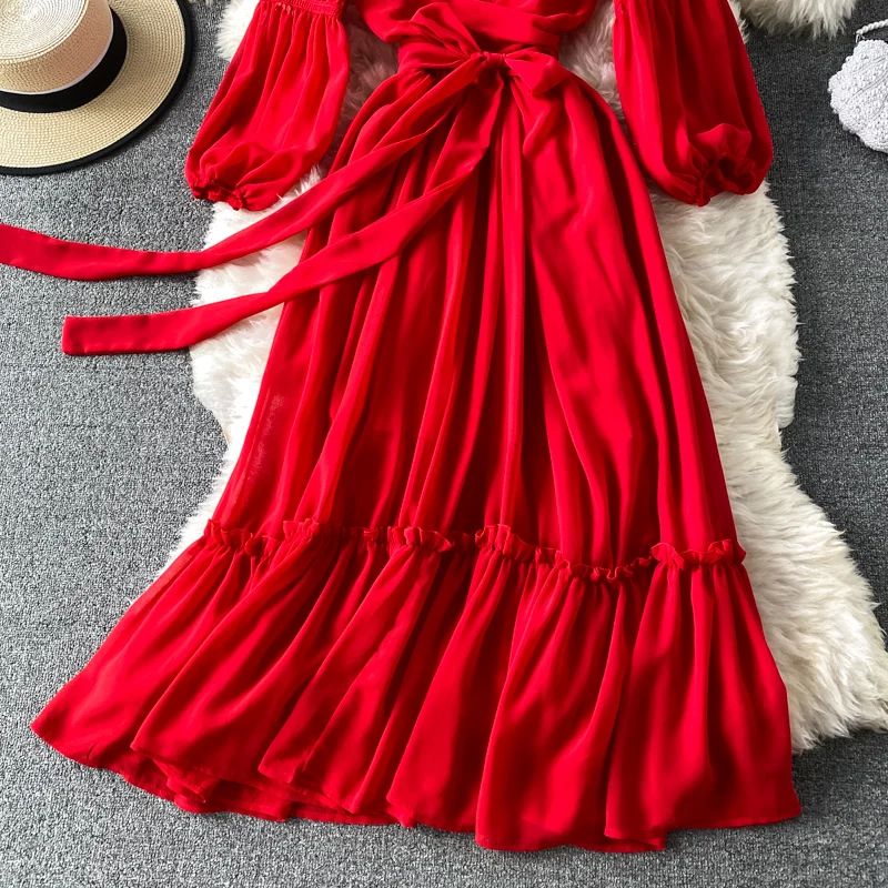 

Vintage Red Long Dress Women Vacation Beach Lantern Long Sleeve High Waist Bandage Vestidos Female Party Robe Spring Autumn 2021