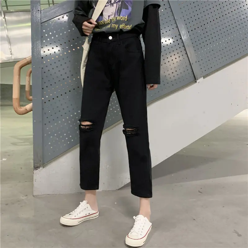 

New Summer High-waisted Hole-breaking Jeans Women Loose-fitting Students Thin Wide-legged Trousers Nine Straight Pants