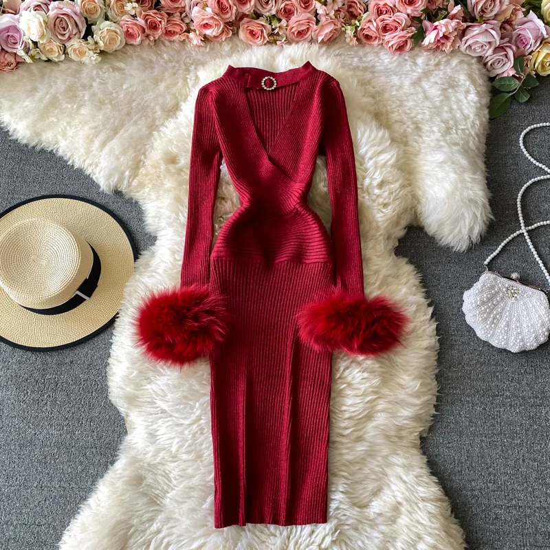 

Winter Harvest Waist Is Thin Sexy V-neck Low-cut Halter Vestidos Women's Slim Bag Hip Base Bright Silk Knitted Midi Dress KK1537