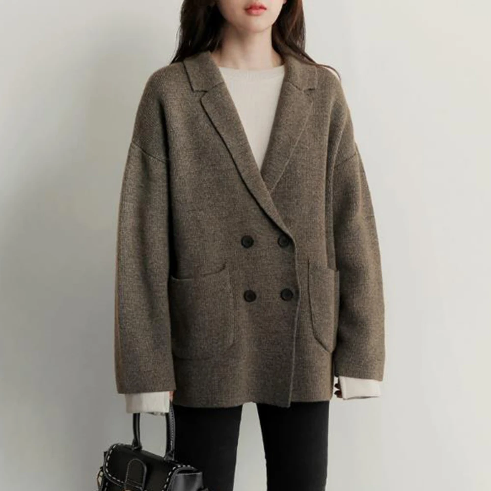 

Autumn Winter Women Long Sleeve Jacket Fashion Solid Cardigan Double Breasted Loose Lapel Mid-length OL Commuter Female Tops