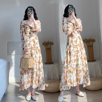 2021 summer large age reducing western style floral long sleeve chiffon dress womens super slim dress