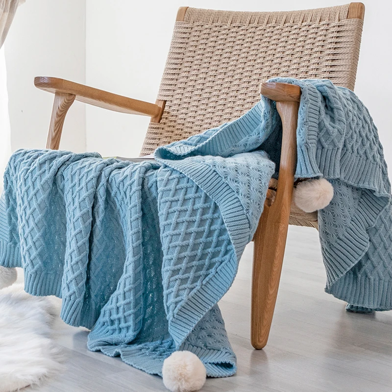 

Turquoise Blanket Sofa Diamond Knit Throw Blanket Soft PomPom Tassels Blanket Travel 130x160cm Home Chair Couch Bed 50"x62"