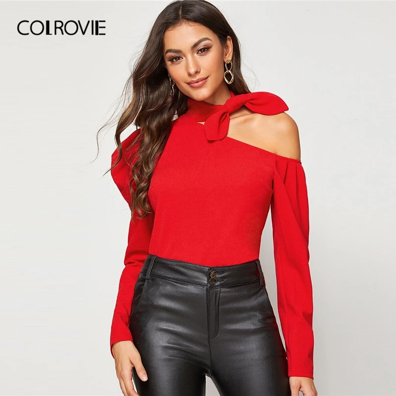 Женский Асимметричный топ с бантом COLROVIE красный однотонный пышными рукавами