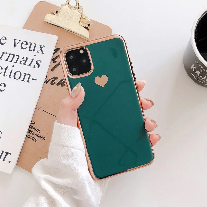 Чехол LOVECOM с гальваническим покрытием и сердечком для iPhone 11 Pro Max XR XS Max 6 6S 7 8 Plus, милый однотонный Мягкий ТПУ чехол для задней панели телефона в подарок - Цвет: b