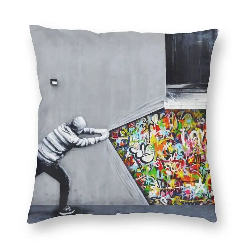 

Luxury Banksy Uncovering Graffiti Throw Pillow Case Home Decor Custom Square Street Art Cushion Cover 40x40cm Pillowcover