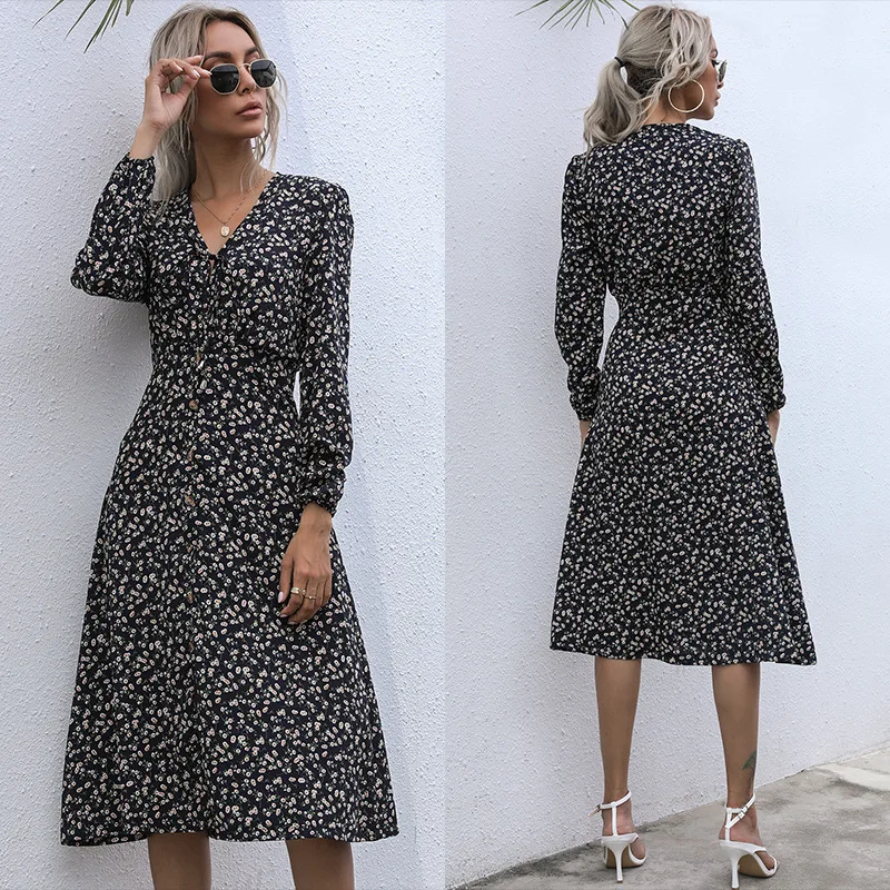 

A-line Dress French Print Single-breasted Dress for Women Autumn Retro Casual Fashion Dress with Belted Waist