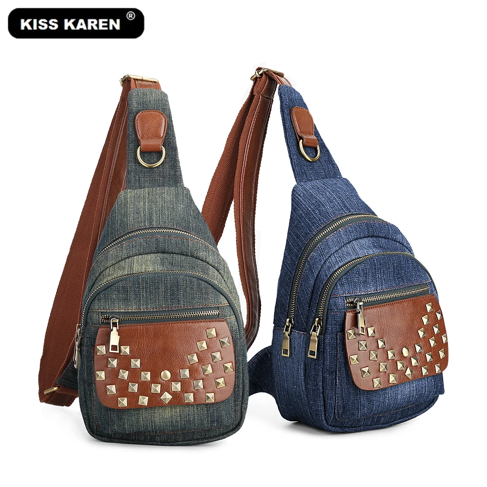 Винтажная Модная Джинсовая Сумка-слинг с шипами Женская нагрудная сумка