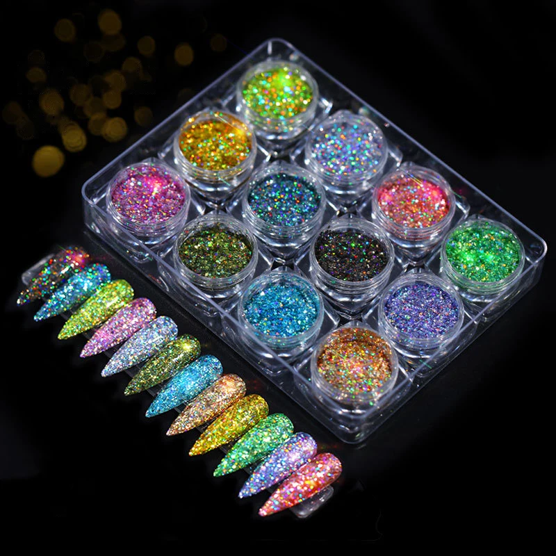 

Nail Art Powder Sequin 12 Color Laser Light Turn Green Onion Powder 12 Pcs/Lot Nail Accesoires Glitter Supplies Beauty Salon