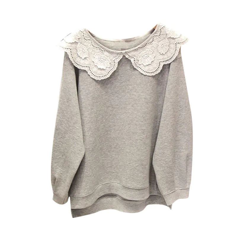 

Yocalor Lace Patchwork Peter Pan Collar Hoodies Women 2020 Autumn New Losse Soft Tops Casual Simple Fashion Femme Pullovers