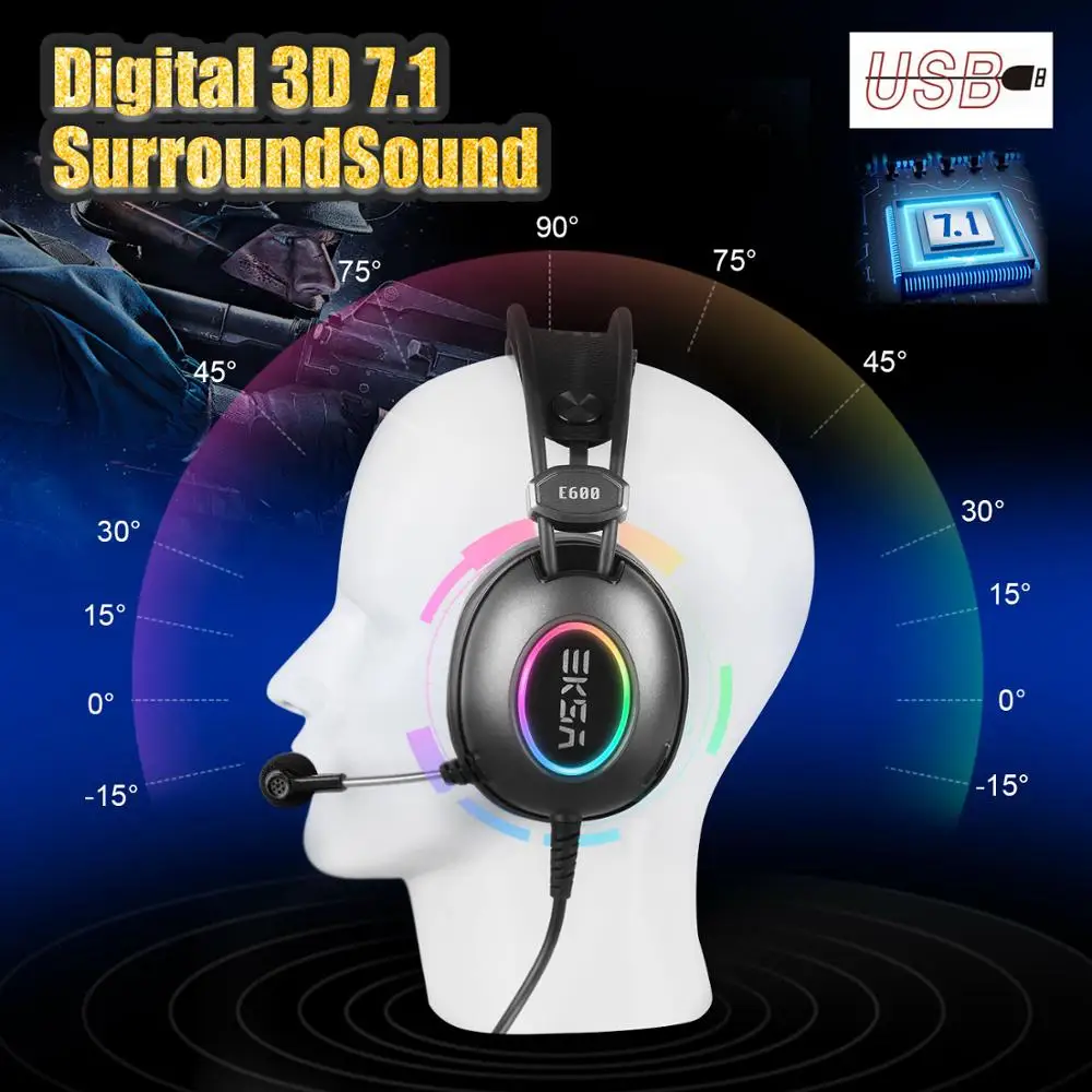 Игровые наушники EKSA Virtual 7 1/50 мм неодимовый драйвер с шумоподавлением Mic RGB Flash led