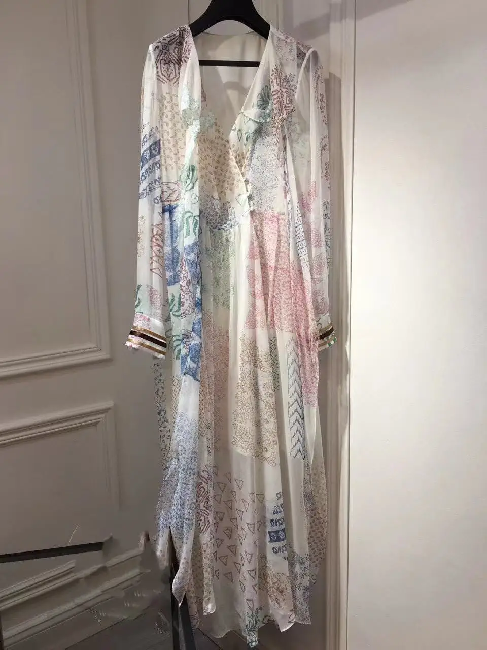 

2021 Autumn Designer Fashion Runway Long Dress Women's V-neck Long Sleeves Slim Flowers Print Vintage Vintage dress